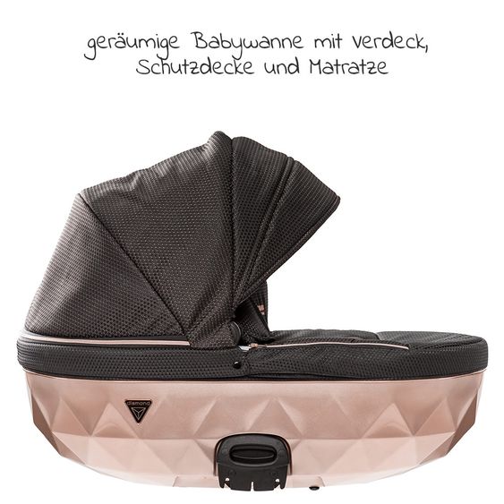 Junama Kombi-Kinderwagen Diamond Mirror inkl. Sportwagen, Babywanne, Wickeltasche, Beindecke + Zubehörpaket - Schwarz Rose