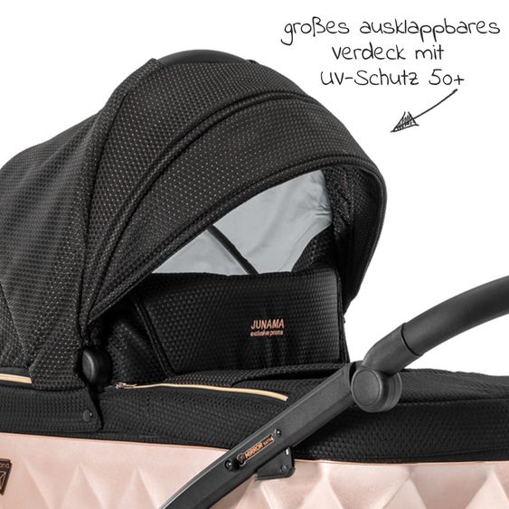 Junama Kombi-Kinderwagen Diamond Mirror inkl. Sportwagen, Babywanne, Wickeltasche, Beindecke + Zubehörpaket - Schwarz Rose
