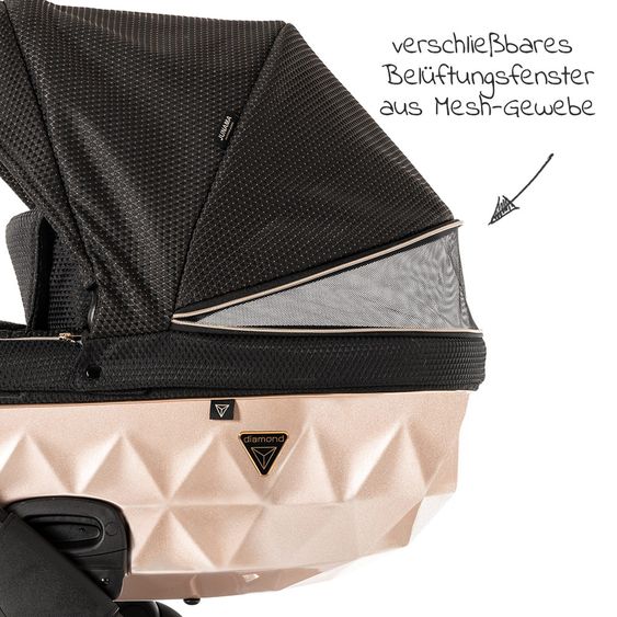 Junama Kombi-Kinderwagen Diamond Mirror inkl. Sportwagen, Babywanne, Wickeltasche, Beindecke + Zubehörpaket - Schwarz Rose