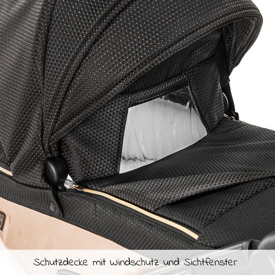 Junama Kombi-Kinderwagen Diamond Mirror inkl. Sportwagen, Babywanne, Wickeltasche, Beindecke + Zubehörpaket - Schwarz Rose