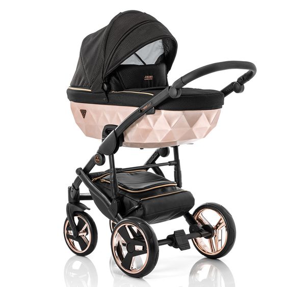 Junama Kombi-Kinderwagen Diamond Mirror inkl. Sportwagen, Babywanne, Wickeltasche, Beindecke + Zubehörpaket - Schwarz Rose