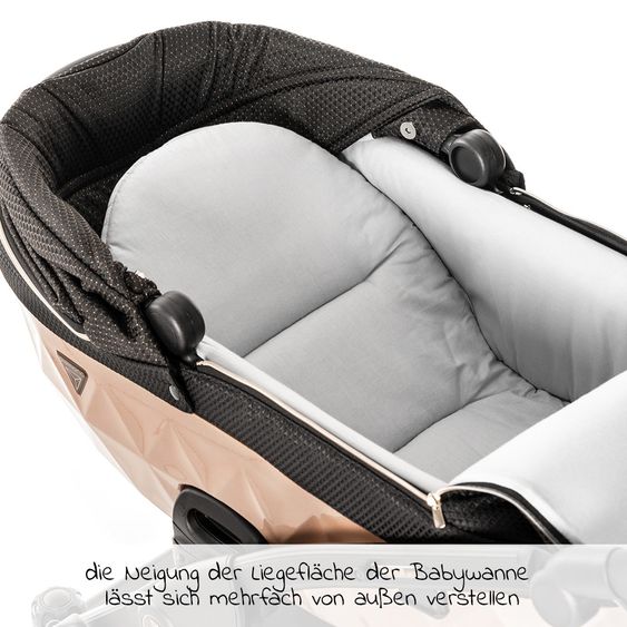 Junama Kombi-Kinderwagen Diamond Mirror inkl. Sportwagen, Babywanne, Wickeltasche, Beindecke + Zubehörpaket - Schwarz Rose