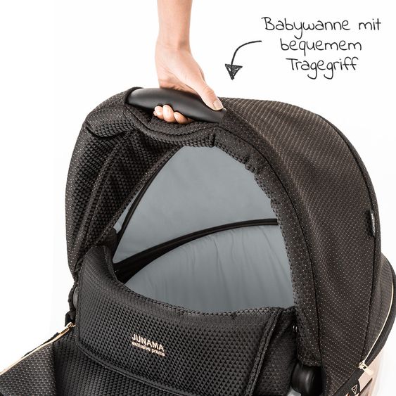 Junama Kombi-Kinderwagen Diamond Mirror inkl. Sportwagen, Babywanne, Wickeltasche, Beindecke + Zubehörpaket - Schwarz Rose