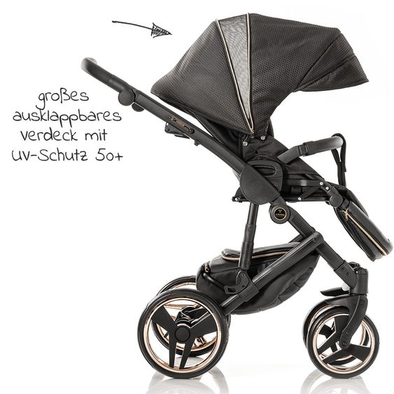Junama Kombi-Kinderwagen Diamond Mirror inkl. Sportwagen, Babywanne, Wickeltasche, Beindecke + Zubehörpaket - Schwarz Rose