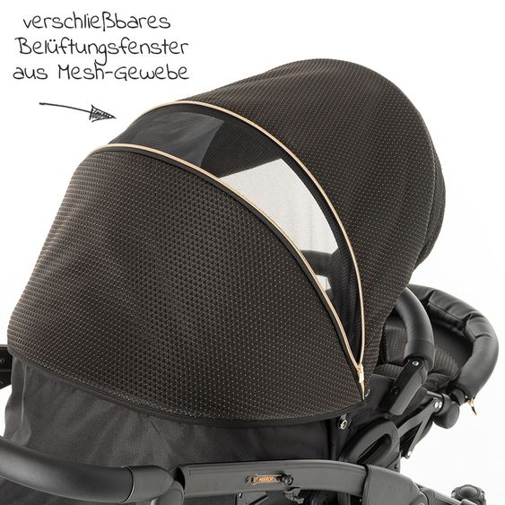 Junama Kombi-Kinderwagen Diamond Mirror inkl. Sportwagen, Babywanne, Wickeltasche, Beindecke + Zubehörpaket - Schwarz Rose
