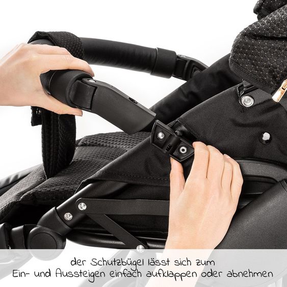 Junama Kombi-Kinderwagen Diamond Mirror inkl. Sportwagen, Babywanne, Wickeltasche, Beindecke + Zubehörpaket - Schwarz Rose
