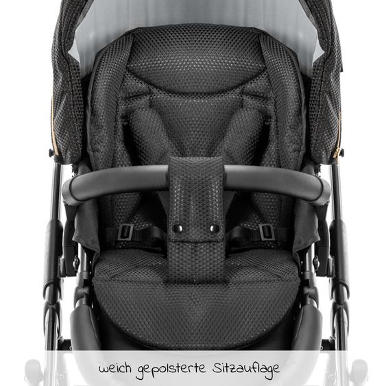 Junama Kombi-Kinderwagen Diamond Mirror inkl. Sportwagen, Babywanne, Wickeltasche, Beindecke + Zubehörpaket - Schwarz Rose