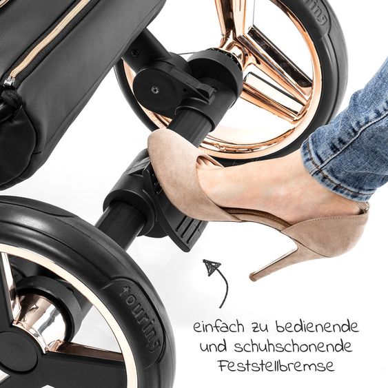 Junama Kombi-Kinderwagen Diamond Mirror inkl. Sportwagen, Babywanne, Wickeltasche, Beindecke + Zubehörpaket - Schwarz Rose