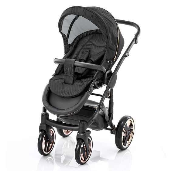 Junama Kombi-Kinderwagen Diamond Mirror inkl. Sportwagen, Babywanne, Wickeltasche, Beindecke + Zubehörpaket - Schwarz Rose