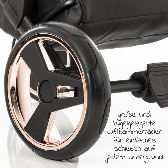 Junama Kombi-Kinderwagen Diamond Mirror inkl. Sportwagen, Babywanne, Wickeltasche, Beindecke + Zubehörpaket - Schwarz Rose