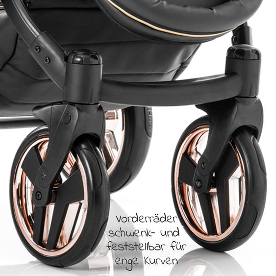 Junama Kombi-Kinderwagen Diamond Mirror inkl. Sportwagen, Babywanne, Wickeltasche, Beindecke + Zubehörpaket - Schwarz Rose