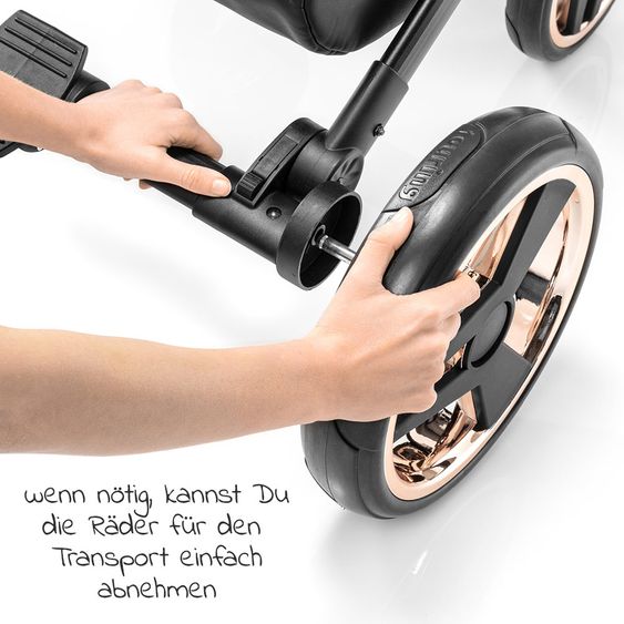 Junama Kombi-Kinderwagen Diamond Mirror inkl. Sportwagen, Babywanne, Wickeltasche, Beindecke + Zubehörpaket - Schwarz Rose