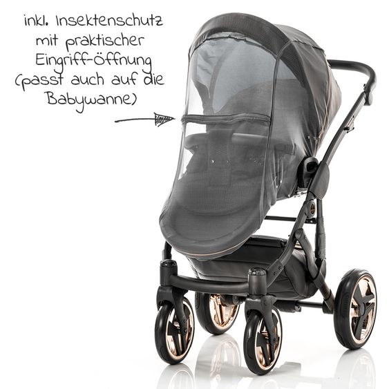 Junama Kombi-Kinderwagen Diamond Mirror inkl. Sportwagen, Babywanne, Wickeltasche, Beindecke + Zubehörpaket - Schwarz Rose
