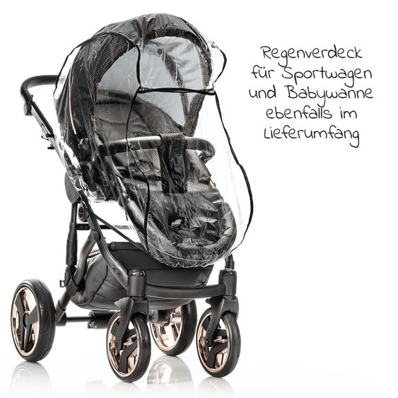 Junama Kombi-Kinderwagen Diamond Mirror inkl. Sportwagen, Babywanne, Wickeltasche, Beindecke + Zubehörpaket - Schwarz Rose