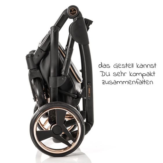 Junama Kombi-Kinderwagen Diamond Mirror inkl. Sportwagen, Babywanne, Wickeltasche, Beindecke + Zubehörpaket - Schwarz Rose