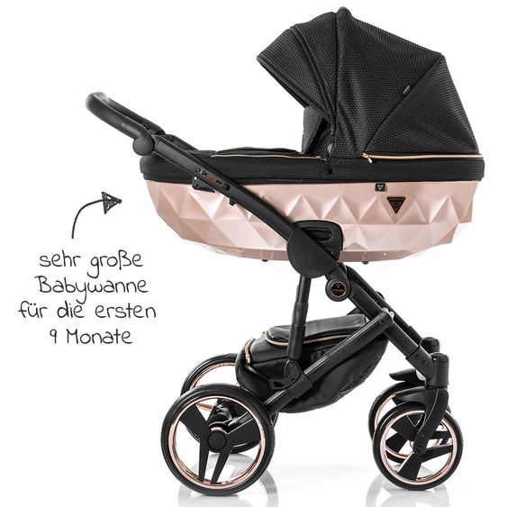 Junama Kombi-Kinderwagen Diamond Mirror inkl. Sportwagen, Babywanne, Wickeltasche, Beindecke + Zubehörpaket - Schwarz Rose