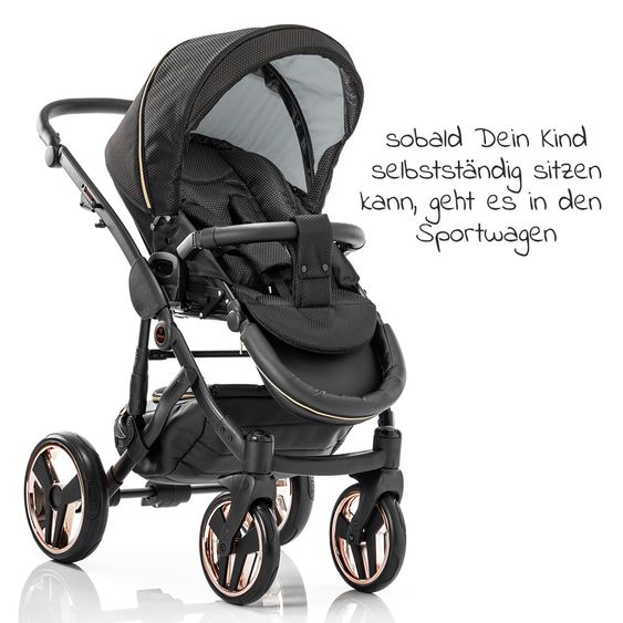 Junama Kombi-Kinderwagen Diamond Mirror inkl. Sportwagen, Babywanne, Wickeltasche, Beindecke + Zubehörpaket - Schwarz Rose