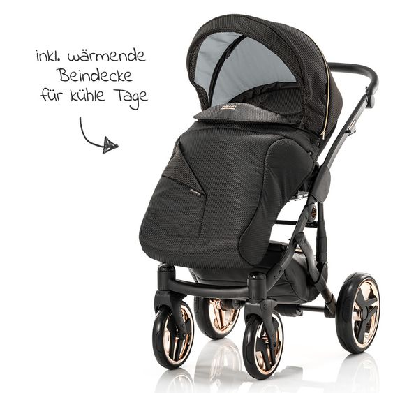 Junama Kombi-Kinderwagen Diamond Mirror inkl. Sportwagen, Babywanne, Wickeltasche, Beindecke + Zubehörpaket - Schwarz Rose