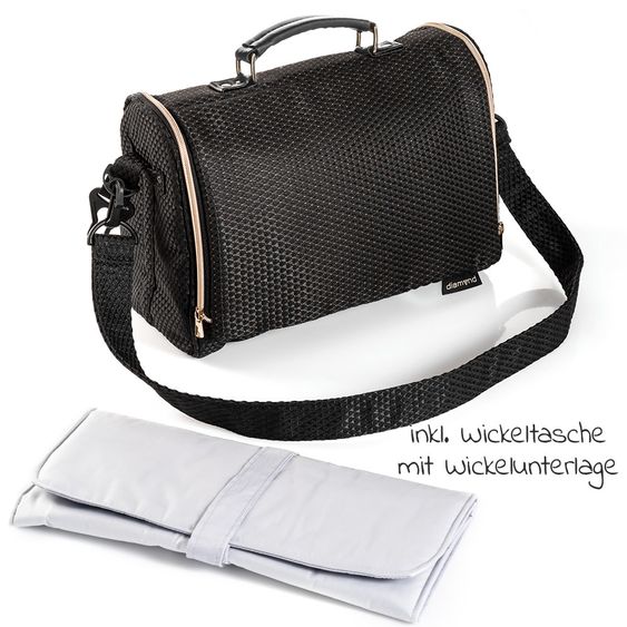 Junama Kombi-Kinderwagen Diamond Mirror inkl. Sportwagen, Babywanne, Wickeltasche, Beindecke + Zubehörpaket - Schwarz Rose