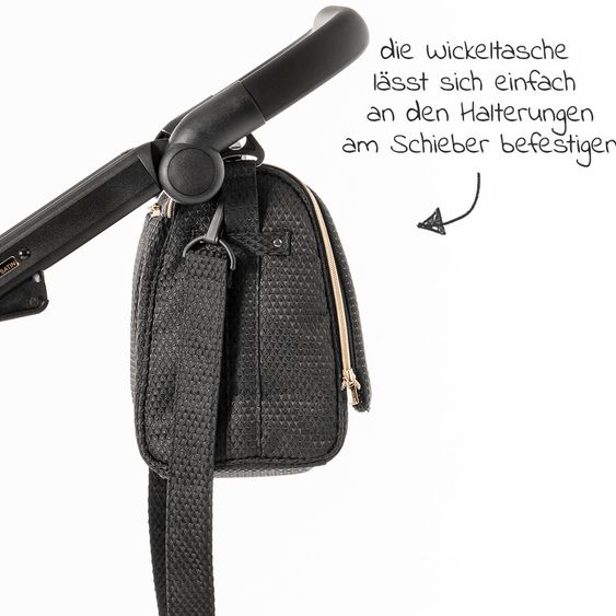 Junama Kombi-Kinderwagen Diamond Mirror inkl. Sportwagen, Babywanne, Wickeltasche, Beindecke + Zubehörpaket - Schwarz Rose