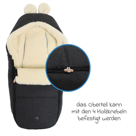 Kaiser Fleece-Fußsack Hoody Maus Wool Fütterung aus 100% Schafwolle für Babyschalen und Babywanne - Dark Shadow