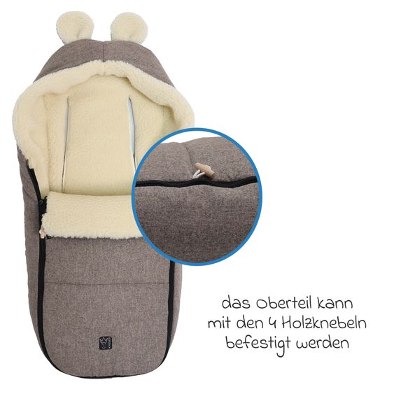 Kaiser Fleece footmuff Hoody Mouse Wool lining made from 100% sheep's wool for infant car seats and carrycots - Pepper Brown