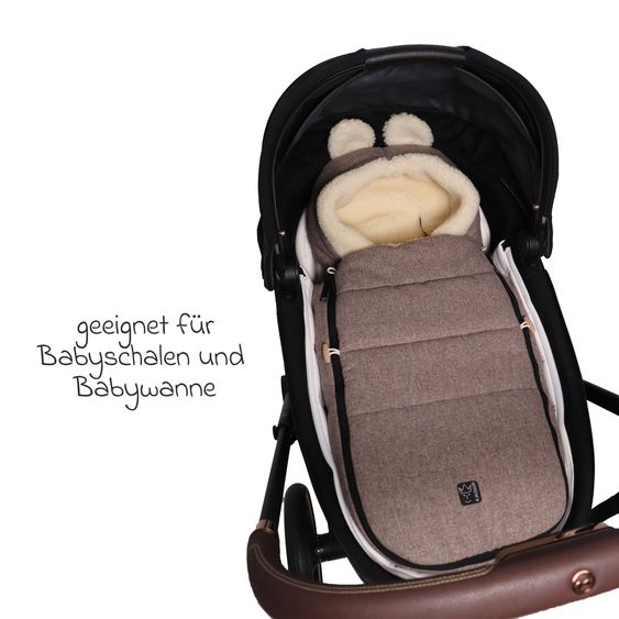 Kaiser Fleece-Fußsack Hoody Maus Wool Fütterung aus 100% Schafwolle für Babyschalen und Babywanne - Pepper Brown