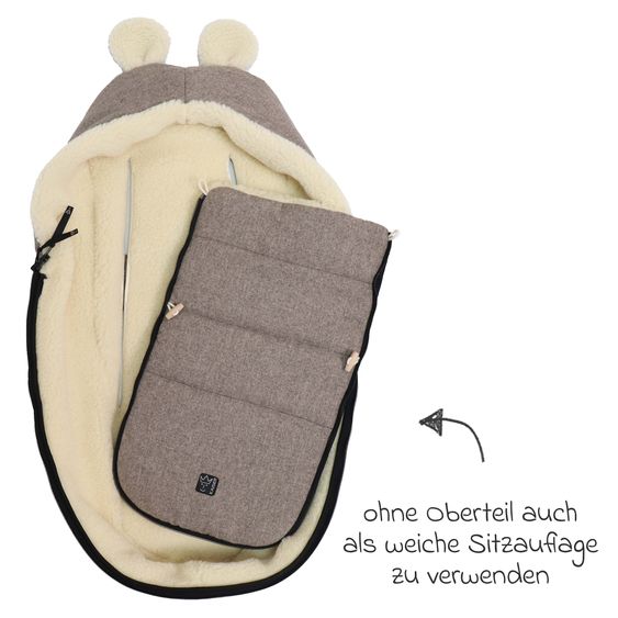 Kaiser Fleece footmuff Hoody Mouse Wool lining made from 100% sheep's wool for infant car seats and carrycots - Pepper Brown