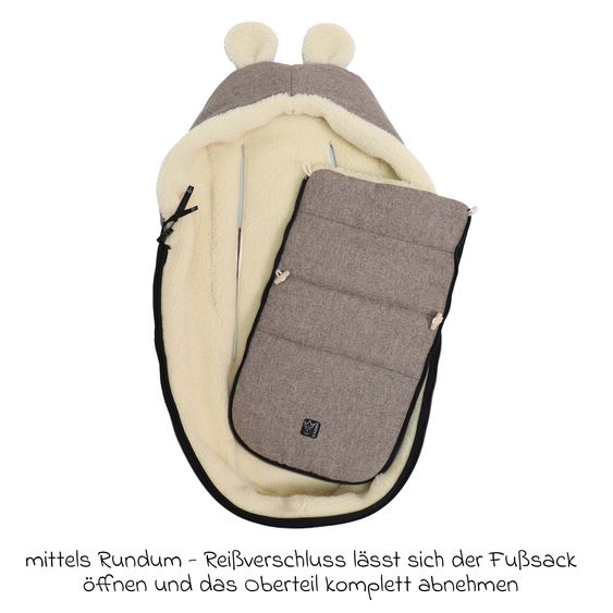 Kaiser Fleece footmuff Hoody Mouse Wool lining made from 100% sheep's wool for infant car seats and carrycots - Pepper Brown