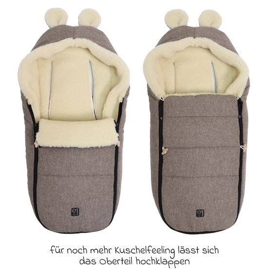 Kaiser Fleece footmuff Hoody Mouse Wool lining made from 100% sheep's wool for infant car seats and carrycots - Pepper Brown