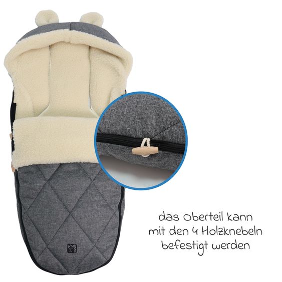 Kaiser Fleece-Fußsack XL Ears Wool Fütterung aus 100% Schafwolle für Kinderwagen und Buggy - Anthracite Melange