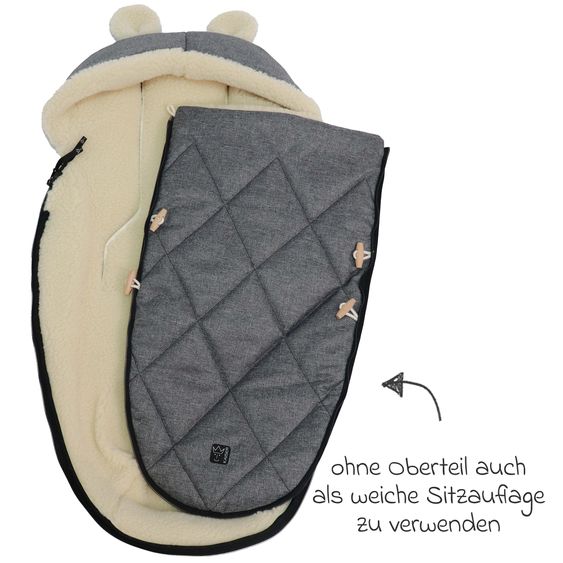 Kaiser Fleece-Fußsack XL Ears Wool Fütterung aus 100% Schafwolle für Kinderwagen und Buggy - Anthracite Melange