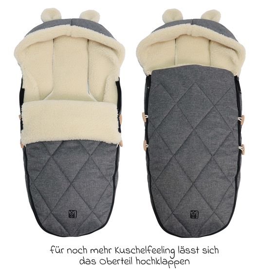 Kaiser Fleece-Fußsack XL Ears Wool Fütterung aus 100% Schafwolle für Kinderwagen und Buggy - Anthracite Melange