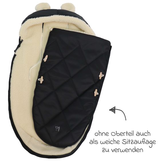 Kaiser Fleece-Fußsack XL Ears Wool Fütterung aus 100% Schafwolle für Kinderwagen und Buggy - Black