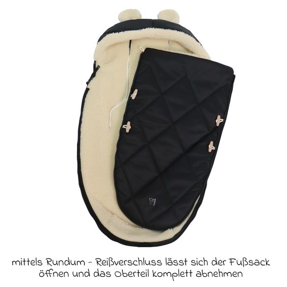 Kaiser Fleece-Fußsack XL Ears Wool Fütterung aus 100% Schafwolle für Kinderwagen und Buggy - Black