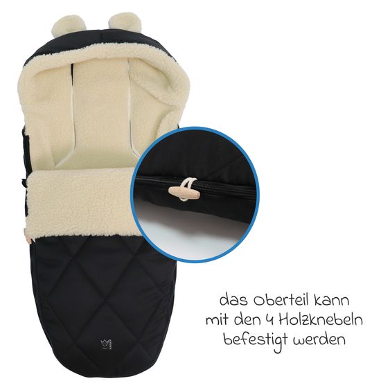 Kaiser Fleece-Fußsack XL Ears Wool Fütterung aus 100% Schafwolle für Kinderwagen und Buggy - Black