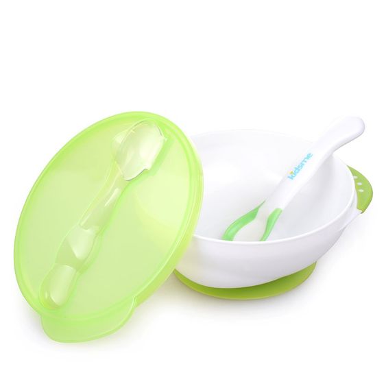 Kidsme Set da mangiare a 2 pezzi Ciotola per il seno con base di aspirazione + Cucchiaio con sensore di calore - Lime