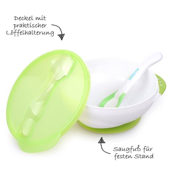 Kidsme Set da mangiare a 2 pezzi Ciotola per il seno con base di aspirazione + Cucchiaio con sensore di calore - Lime