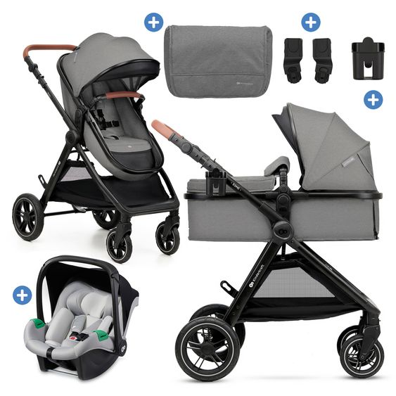 Kinderkraft 3in1 Kombi-Kinderwagen-Set ESME bis 22 kg mit wendbarer Sitz & Wanne in einem, Knickschieber inkl. Babyschale, Getränkehalter, Wickeltasche, Adapter & Zubehör - Moonlight Grey