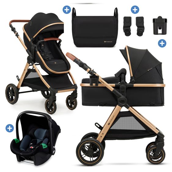 Kinderkraft Set passeggino ESME 3in1 fino a 22 kg con seggiolino reversibile e navicella in uno, passeggino pieghevole con seggiolino auto, portabibite, borsa fasciatoio, adattatore e accessori - Nero puro