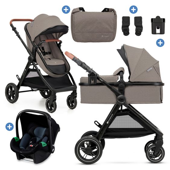 Kinderkraft 3in1 Kombi-Kinderwagen-Set ESME bis 22 kg mit wendbarer Sitz & Wanne in einem, Knickschieber inkl. Babyschale, Getränkehalter, Wickeltasche, Adapter & Zubehör - Sand Beige