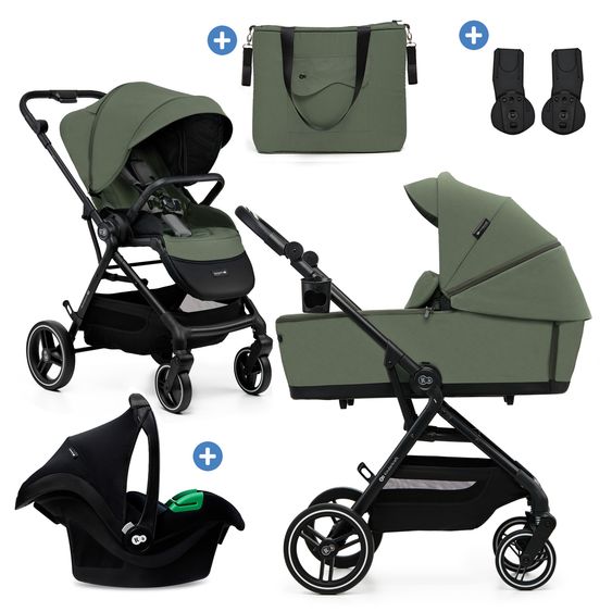 Kinderkraft 3in1 Kombi-Kinderwagen-Set YOXI bis 22 kg mit Babywanne, Sportsitz, Babyschale, Knickschieber inkl. Getränkehalter, Wickeltasche, Adapter & Zubehör - Mystic Green