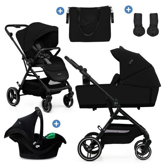 Kinderkraft Set passeggino YOXI 3in1 fino a 22 kg con navicella, seggiolino sportivo, seggiolino auto per neonati, barra di spinta con portabicchieri, borsa fasciatoio, adattatore e accessori - Nero puro