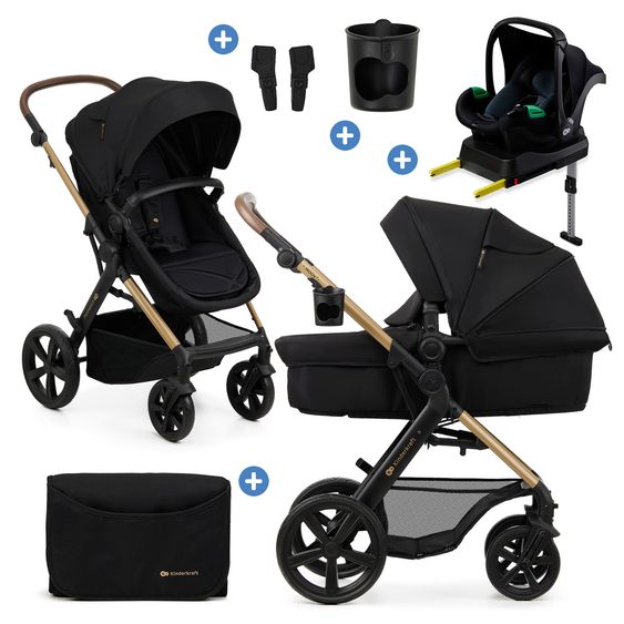 Kinderkraft 4in1 Kombi-Kinderwagen-Set MOOV 2bis 22 kg mit wendbarer Sitz & Wanne in einem, Knickschieber inkl. Babyschale, Base, Wickeltasche, Adapter & Zubehör - Pure Black