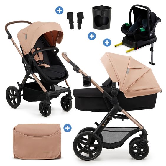 Kinderkraft 4in1 Kombi-Kinderwagen-Set MOOV 2bis 22 kg mit wendbarer Sitz & Wanne in einem, Knickschieber inkl. Babyschale, Base, Wickeltasche, Adapter & Zubehör - Sand Beige