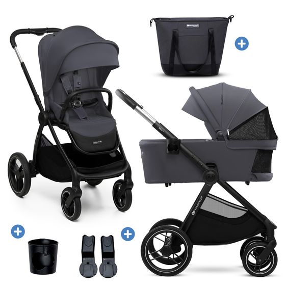 Kinderkraft Kombi-Kinderwagen NEA 2.0 bis 22 kg mit Babywanne, Sportsitz, Teleskopschieber inkl. Getränkehalter, Wickeltasche, Adapter & Zubehör - Deep Grey