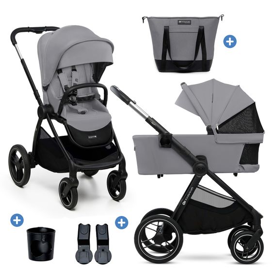 Kinderkraft Kombi-Kinderwagen NEA 2.0 bis 22 kg mit Babywanne, Sportsitz, Teleskopschieber inkl. Getränkehalter, Wickeltasche, Adapter & Zubehör - Platinium Grey