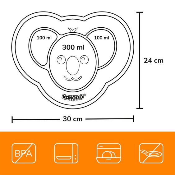 Kokolio Rutschfeste Esslernteller, Silikonteller für Babys, Babyschale, BLW Teller, Babyteller Koali - Orange