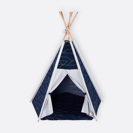 Kraftkids Teepee incl. play mat & cushion - with gold lines - dark blue