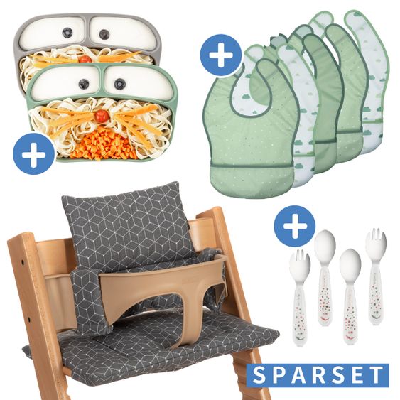 LaLoona 12-tlg. Esslern-Set für Stokke Tripp Trapp - Hochstuhl Sitzkissen + 2x Teller + 2x Besteck + 5x Klettlätzchen - Grau Salbei